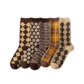 1 Чифт женски чорапи, пролет-есен, памучни чорапи в стил ретро, дамски, мъжки чорапи на райета, карета цвете модел, чорапи кафе цвят