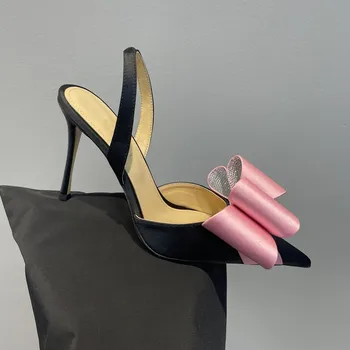 2023 Женски модел обувки с лък, нови летни дамски сандали, луксозни обувки-лодка на висок тънък ток, дизайнерски дамски сандали на по-високо качество