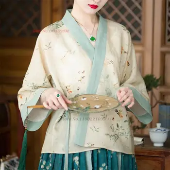 2023 реколта върховете hanfu с националния цветисти принтом, дамска блуза в стил ретро в етнически стил харадзюку, чай hanfu, риза в ориенталски стил тан