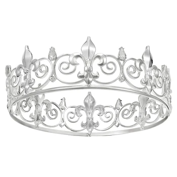 2X Royal King Crown За мъже - Метални Корони и Диадеми за принцове, Кръгли шапки за рожден ден, Средновековни аксесоари (сребро)