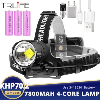 7800 mah XHP70.2 Мощен led фар за риболов, USB фенерче + T6 Led Налобный фенер, Ултра Ярък Мащабируем главоболие лампа-светкавица 18650
