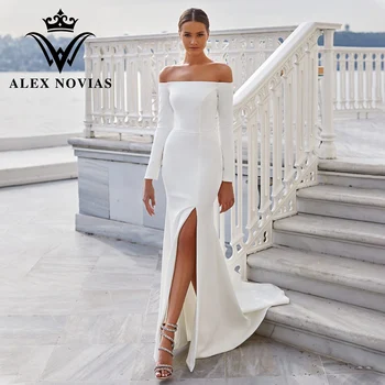 ALEX NOVIAS 2 В 1 Сватбената рокля на Русалка с дълъг ръкав 2023, Деколте Лодка, Страничен Разрез, Сексуална Атласное Рокля-Тромпет, Vestidos Novias De Saten