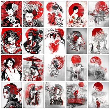 AZQSD Рисуване по номера за възрастни, черно-Червения Пейзаж, начало декор, японската Оцветяване по номера на женския портрет, на художественото оформление