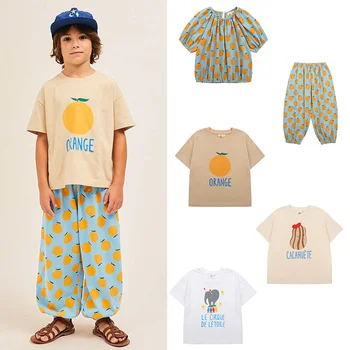 EnkeliBB/ годишна ежедневна тениска за малки момчета с оранжеви принтом, модни памучни тениски за момичета, върхове