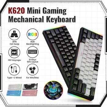 K620 Мини Детска Механична Клавиатура RGB 61 Клавиша 60% Hotswap Клавиатура PBT Keycaps Type-C Жични Клавиатура Игри За Геймърите