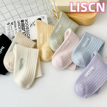 LISCN 2023 Y2k Ins/ чорапи за момичета, многоцветни дишащи памучни чорапи със средна дължина за жени, модно бельо с креативни букви