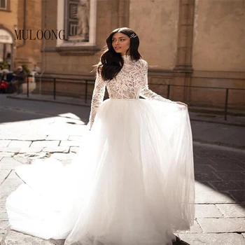MULOONG Елегантно бяло дантелено сватбена рокля с високо воротом и дълъг ръкав трапецовидна форма с дължина до пода с влак Vestidos De Новия