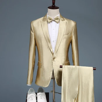 Newest Luxury Лъскава Gold Men Suite 2 Pieces Slim Fit 2022 Man Groom костюм мъжки класически For Prom Party Trendy Яке Pants