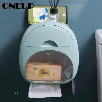 ONEUP Водоустойчива кутия за салфетки, Многофункционална чанта за боклук, кутия за съхранение, с монтиран на стената диспенсер за ролка хартия, тоалетни принадлежности за баня,