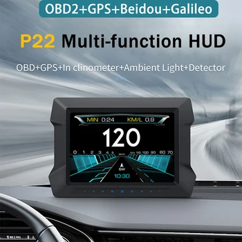 P22 HUD Централен дисплей Автомобилен цифров датчик за температура на водата на масло от Турбо натиснете Инклинометр OBD2 GPS за Измерване на скоростта на Аларма за ниско напрежение hud 헤드업 디스플레 _BOS_