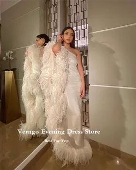 Verngo Елегантни вечерни рокли на Русалка от бяла коприна с страусиными пера, с дълъг ръкав, с едно рамо, в Дубай, арабските дамски рокли за бала
