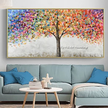 Абстрактно дърво с разноцветни листа, 100% Ръчно рисувани живопис с маслени бои Върху платно, дебел мастихин, стенно изкуство за Офис