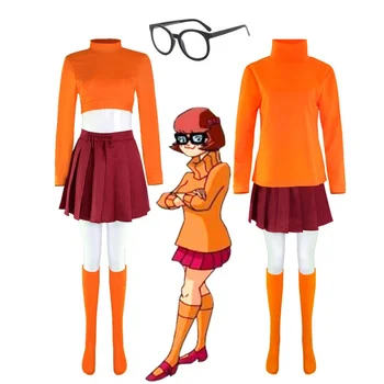 Аниме Велма Cosplay костюм киногероиня Оранжеви униформи Костюм за Хелоуин за жени Cosplay Костюм за момичета Перука, Очила