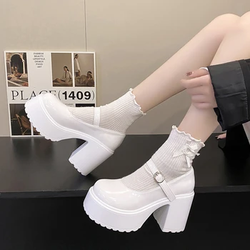 Бели дамски обувки Mary Janes на масивна платформа 2023, обувки-лодка с каишка и катарама на много високи токчета, дамски официални обувки от лачена кожа на дебелите ток