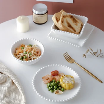 Бели керамични чинии и чаши с ръб от мъниста, Кръгла, квадратна чиния за десерт, пържола, супницы, Сервировочная прибори, които могат да се мият в миялна машина