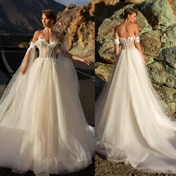 Богемное дантелено сватбена рокля 2020 с открити рамене, плажни сватбени Рокли без ръкави в стил сладко Момиче, евтино рокля трапецовидна форма Vestido De Noiva