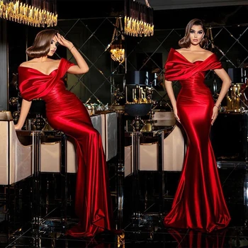 Вечерни рокли с отворени рамене на поръчка Класическо червено атласное вечерна рокля Русалка Дължина до щиколоток
