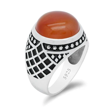 Винтажное мъжки пръстен с кръгли оранжеви агатом, пръстени от сребро 925 проба с естествен камък, турски бижута, подарък за годишнина, за мъже и Жени