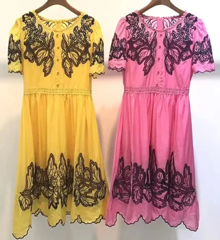 Висококачествени памучни рокля 2023, летен стил, женствена Бродерия цветен блок, къс ръкав, Голяма люлка, жълто-розова рокля за парти, Vestidos