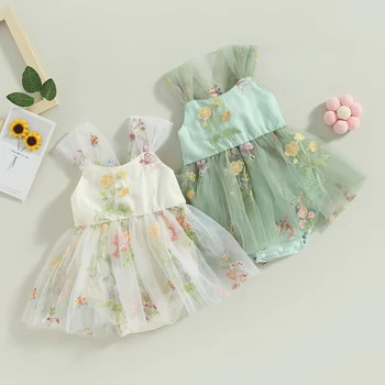 Гащеризон за малки момичета рокля без ръкави, с бродерия цветя и пеперуди, тюлевое рокля в стил мозайка