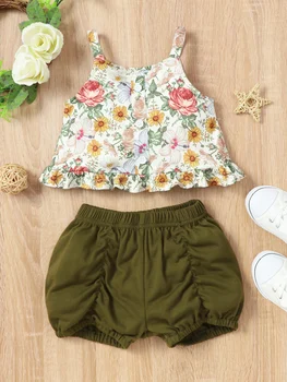 Годишният дрешки за малки момичета, красиви блузи с флорални принтом и каишка + гащи, Комплект от 2 теми, свободни и Удобни дишащи комплекти за бебета 0-18 м