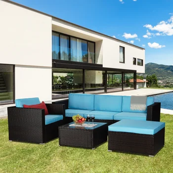 Градинска градински мебели за двор от 6 теми, сплетен на секционни диван от ратан от полиетилен син цвят с 1 червена възглавница