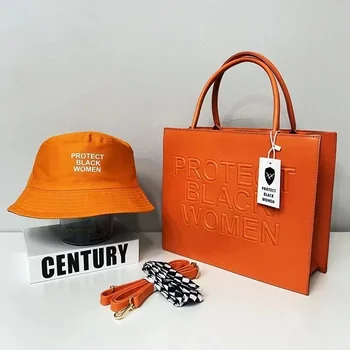 Дамски защитни Кожена Черна чанта за жени, комплект от шапка-кофи 2023, Луксозни чанти-тоут за жени, комплект от чанти, чантата и шапки