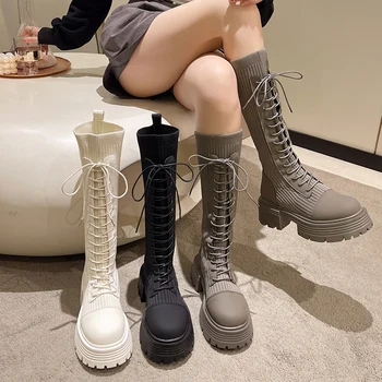 Дамски обувки, колекция от 2023 година, Пролетно-есенни Нови ботуши на платформа, Дамски еластични възли ботуши до коляното на дебела подметка, Женски Botas De Mujer
