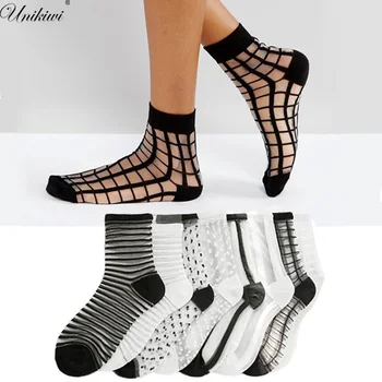 Дамски прозрачни чорапи райе с черни бели мрежи UNIKIWI.Harajuku дамски копринени чорапи на точки от кристално стъкло Thin Сокс Meias