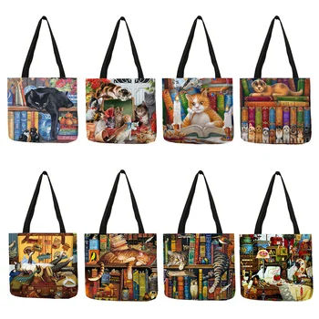 Дамски чанти-тоут с принтом котка, дизайнерски холщовые на торби за многократна употреба за пазаруване, торбички за пазаруване, маслени бои, чанта за рамо, за жени и момичета