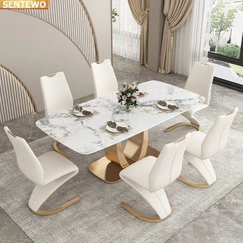 Дизайнерска луксозна трапезария от мраморни плочи, маса за хранене с 4 стола de mesa jantar esstisch marbre Основа от неръждаема стомана и злато