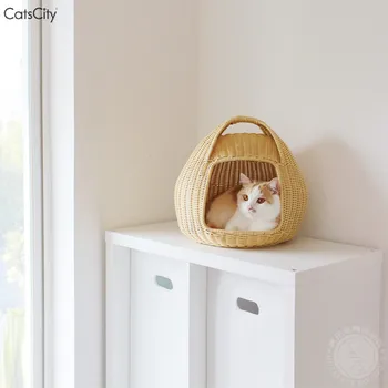 Дизайнерско топло котешки гнездо от ратан ръчно изработени, котешка легло за есента и зимата, четири сезона, универсална дишаща кошница за котки.