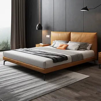 Италиански диван от естествена кожа Nordic Luxury Основната спалня с двойно легло 1,8 м, модерна Проста легло, Високо кутия за съхранение