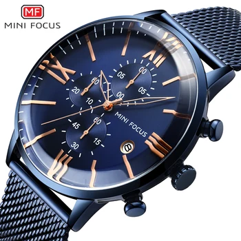Кварцов мъжки часовник MINI FOCUS в стил милитари цвят на морска вълна, ултра-тънък, мрежест каишка, 3 циферблата, календар с 6 стрелки, мултифункционални ръчни часовници
