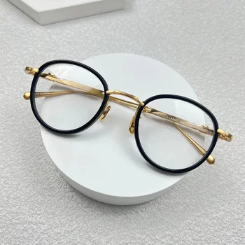 Класическа Кръгла Черна Златни Рамки за Очила Mrs Light за Мъже и Жени с Гъвкав Дизайн-Износител, Титанов Очила за Късогледство Ръчно изработени