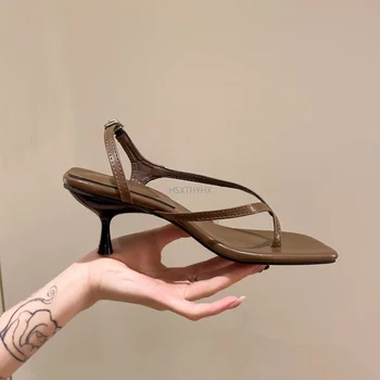 Колекция от 2023 година, пролетно-лятна Нова дамски обувки със странична лента, Дизайнерски Модни дамски сандали от естествена кожа на висок ток