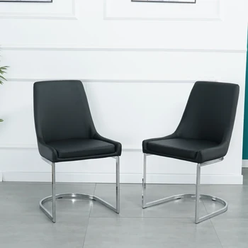 Комплект от 2 модерни места за хранене столове С метална основа, Луксозно С Мебели, Удобна седалка от черна изкуствена кожа