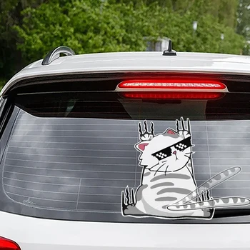Котка-рок катерач в слънчеви очила, на стикер на прозореца на колата, машущий опашка, 3D животно, водоустойчиви стикери за чистачките и стикери за външния декор