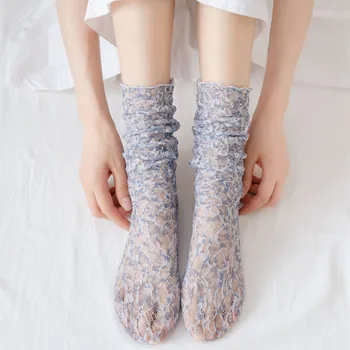 Летни Тънки Мрежести дишащи дамски Чорапи в корейски стил свързани с цветисти принтом, Свободни Дълги Чорапи в стил харадзюку, ретро, градинска дрехи, Чорапи за екипажа