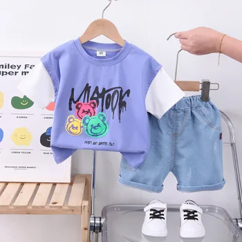 Летни дрехи за малки момчета 2023 година, ризи с къси ръкави и дънкови къси панталони с корейски анимационни принтом, дрехи за деца за момчета