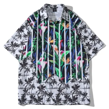 Летни мъжки хавайски ризи Градинска дрехи Реколта контрастная плажна риза с флорална принтом кокосов орех в стил хип-хоп Ежедневни тропически празнични върхове