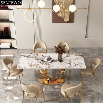 Луксозен кухненски маса за хранене е от каменни плочи и 8 стола с златен струпясване от неръждаема стомана, плот от изкуствен мрамор, набор от столове за хранене masa табло
