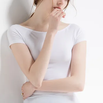Лятна Модальная Однотонная тениска за жени, Оборудвана Модерен Топ с къс ръкав и отворена врата