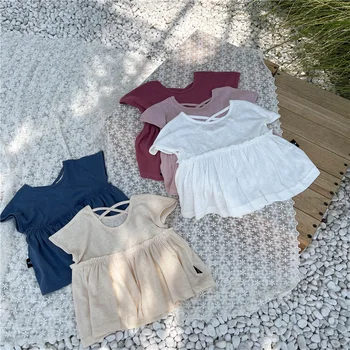 Лято 2021, нови памучни спално бельо, тениски в корейски стил за малки момичета, върхове с отворен гръб за деца, обикновена тениска с къси ръкави, 5 цвята