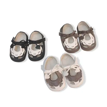 Мека, устойчива на плъзгане подметка, летни сандали за новородени с бантиком във формата на сърце за момчета и момичета, дишаща кожена обувки за деца