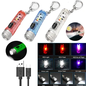 Мини фенерче с катарама, UV-червен led фенерче, USB акумулаторна тактически ключодържател джобен лампа, водоустойчива лампа за къмпинг на открито