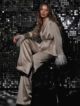 Модерен комплект от 2 теми със сатенени пера, елегантна блуза с дълъг ръкав и ревера, Колан, Панталон с висока талия, костюм 2022, есенен дамски ежедневни облекла