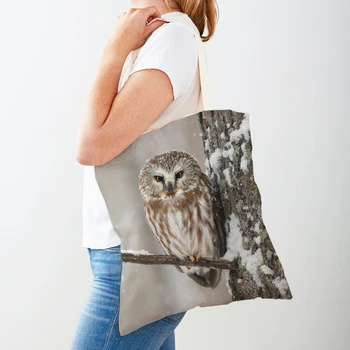 Модерна чанта за пазаруване с диви животни, птици, совой, двустранен холщовая ежедневни студентски пазарска чанта на рамото за жени и деца
