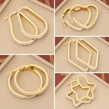 Модерни обеци-халки със златен хрустальным кръг и цвете от неръждаема стомана за жени, Модни Нови прости геометрични обеци с кристали