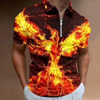 Мъжка риза с цип, Лятна Нова мъжка риза с цип с Огнени Фениксом, Ежедневни тениска Мъжка мода, мъжка тениска с къс ръкав, Спортно облекло